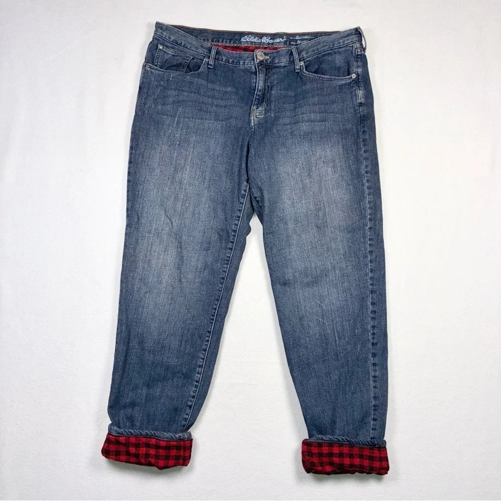 Eddie Bauer women’s flannel lined Boyfriend Relaxed blue jeans straight Size 14